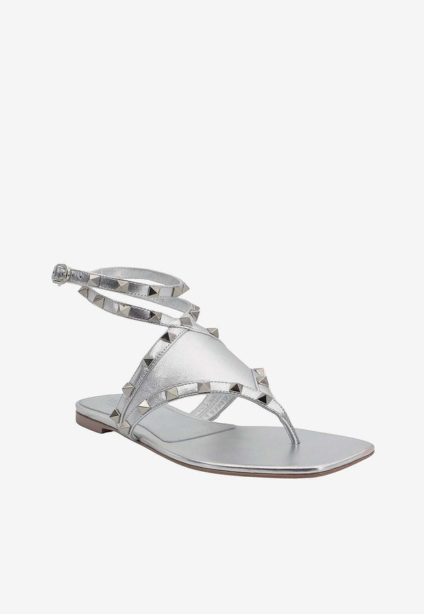 Rockstud Metallic Leather Flat Sandals