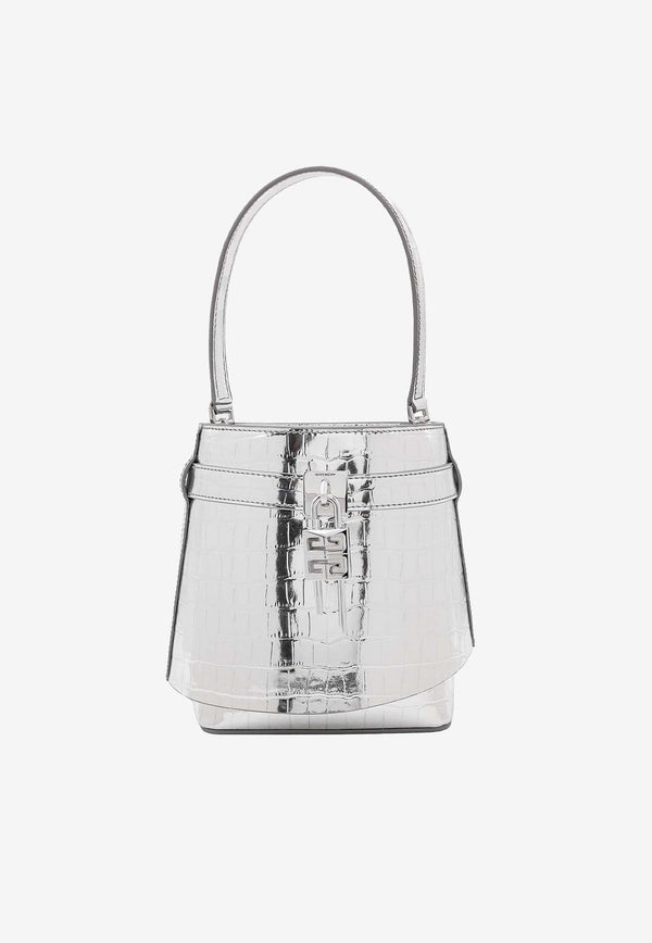 Shark Lock Metallic Bucket Bag in Croc-Embossed Leather