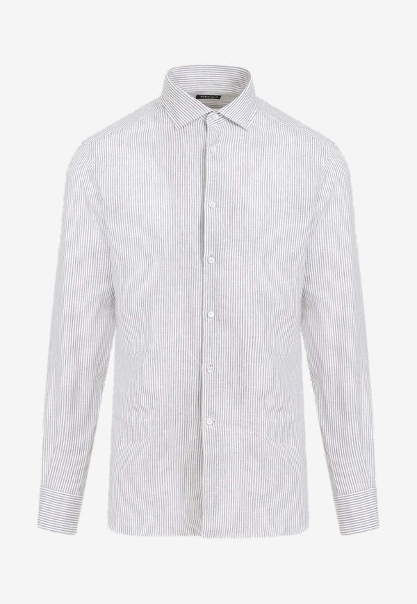 Long-Sleeved Linen Striped Shirt