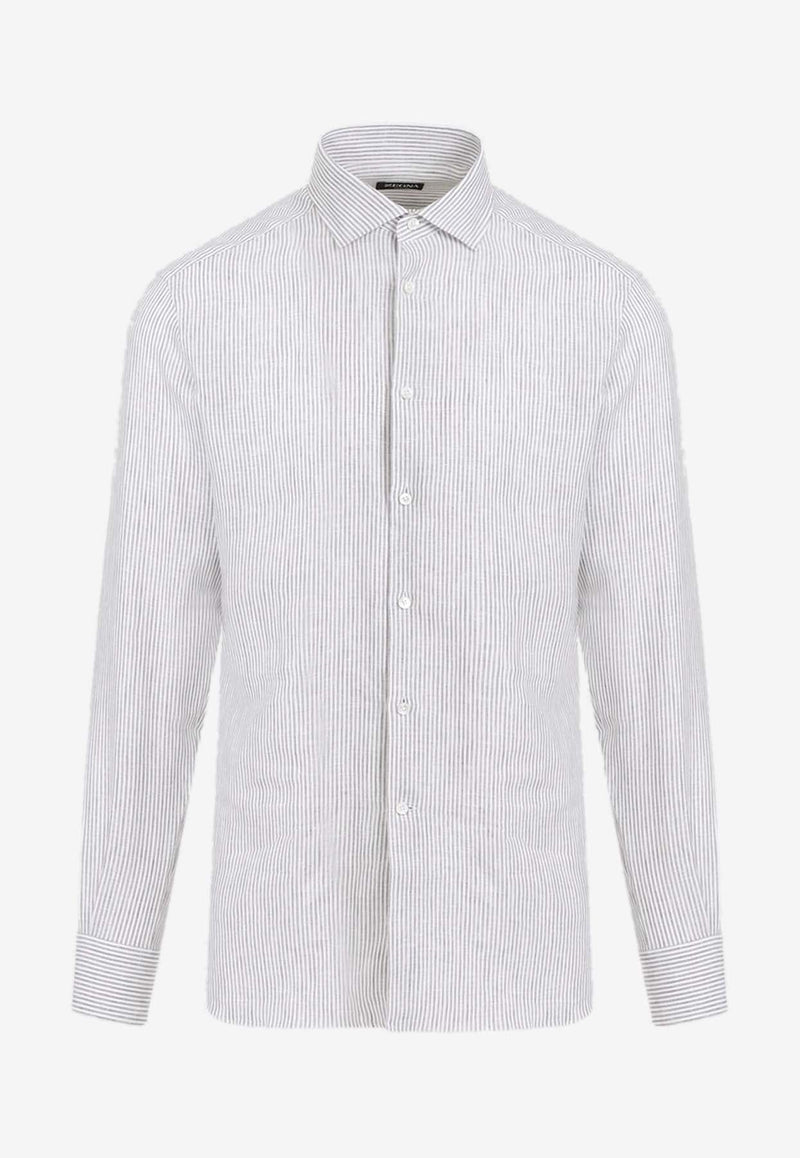 Long-Sleeved Linen Striped Shirt