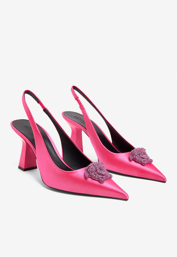 80 Crystal Embellished Medusa Slingback Pumps in Satin