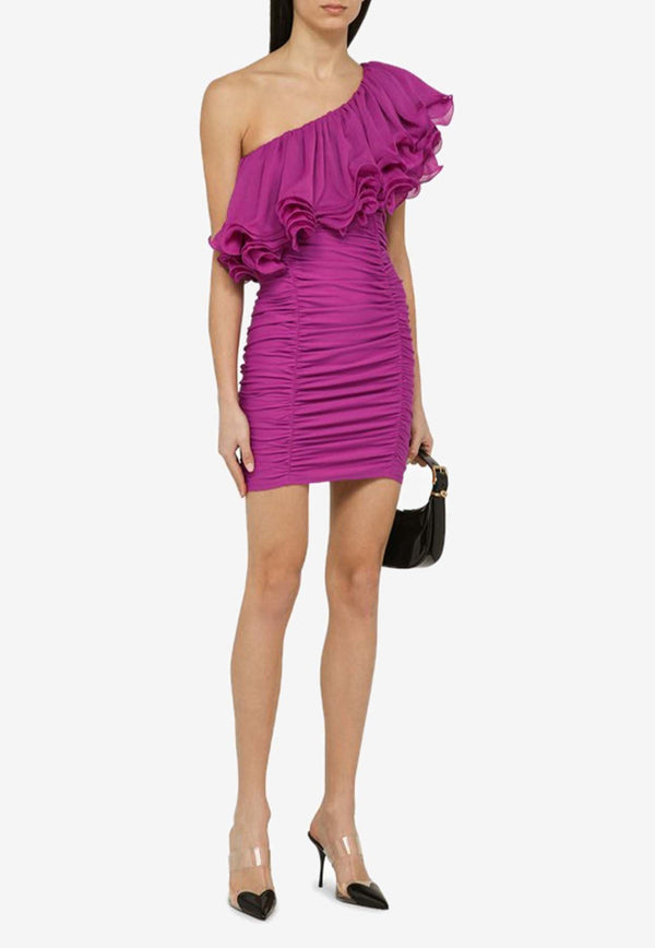 Ruffled-Neck Ruched Mini Dress