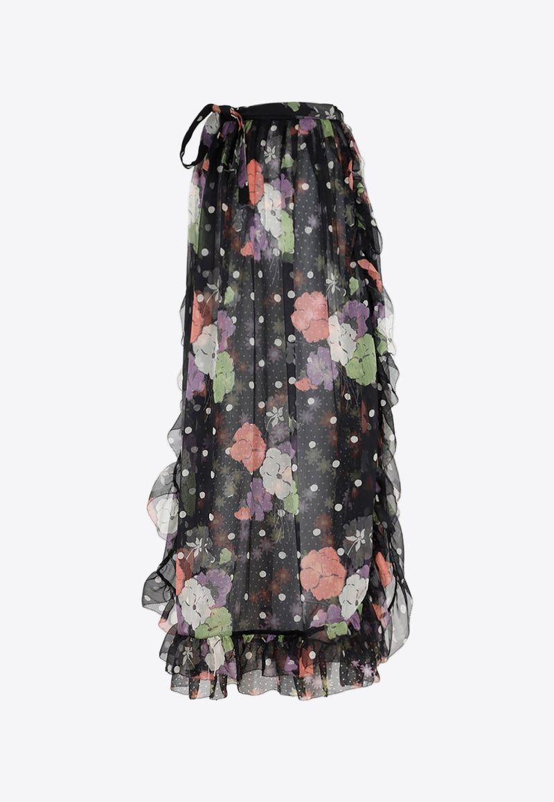 Silk Floral Polka-Dot Midi Skirt