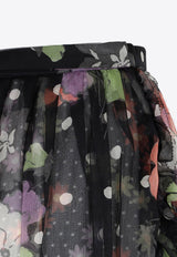Silk Floral Polka-Dot Midi Skirt