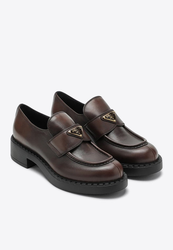 Triangle Logo Brushed Leather Loafers