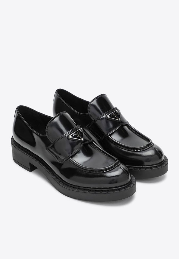 Triangle Logo Brushed Leather Loafers