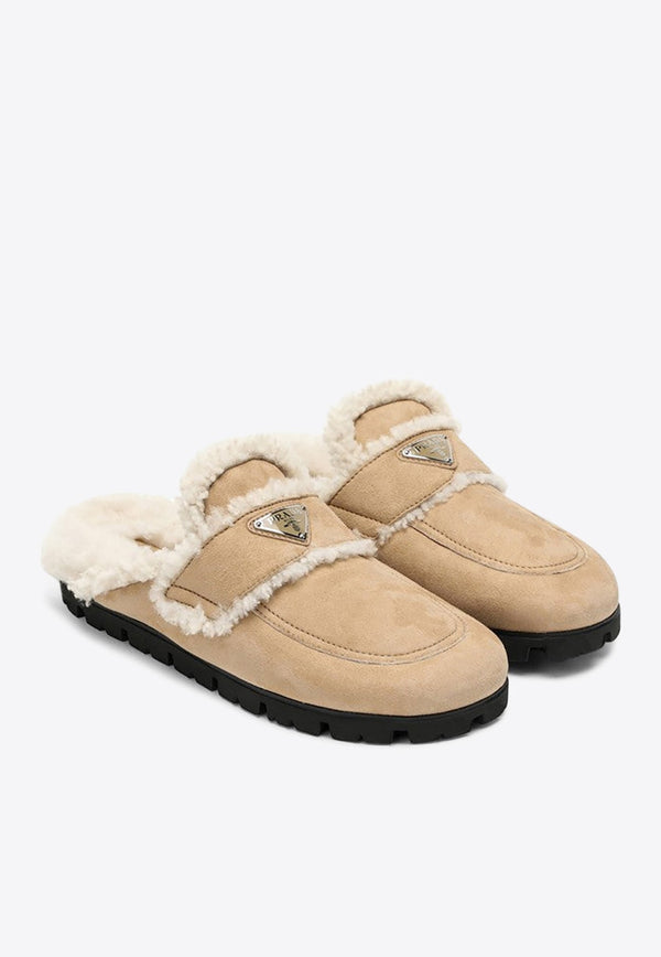 Triangle Logo Shearling Flat Mules