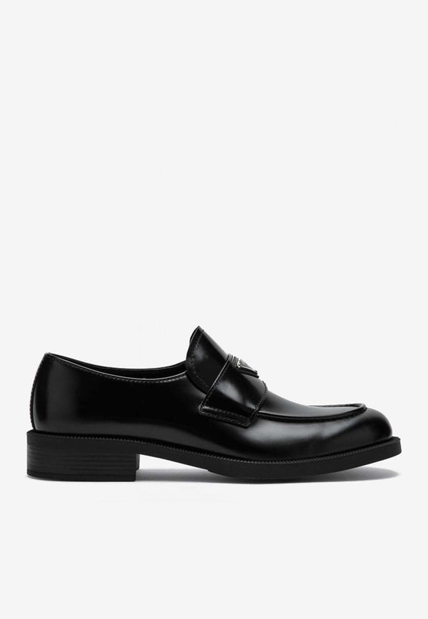 Triangle Logo Brushed Leather Loafers