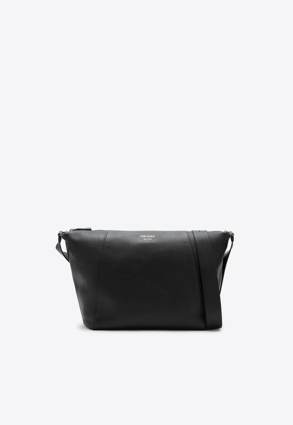 Logo Print Grained Leather Shoulder Bag