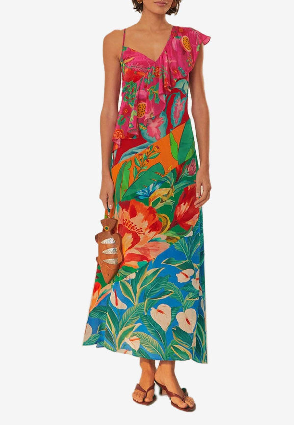 Mixed Flowery One-Shoulder Midi Dress