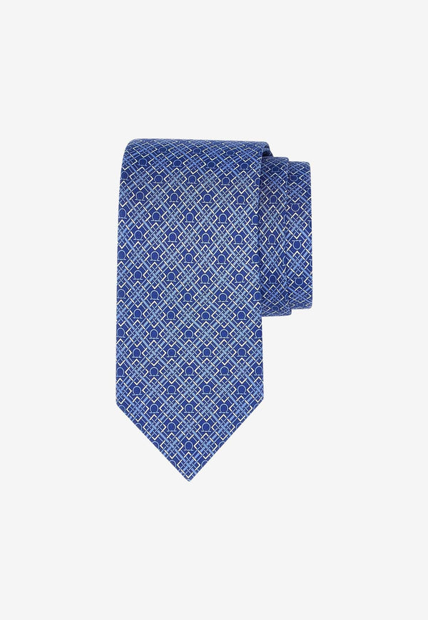 Gancini Check Print Silk Tie