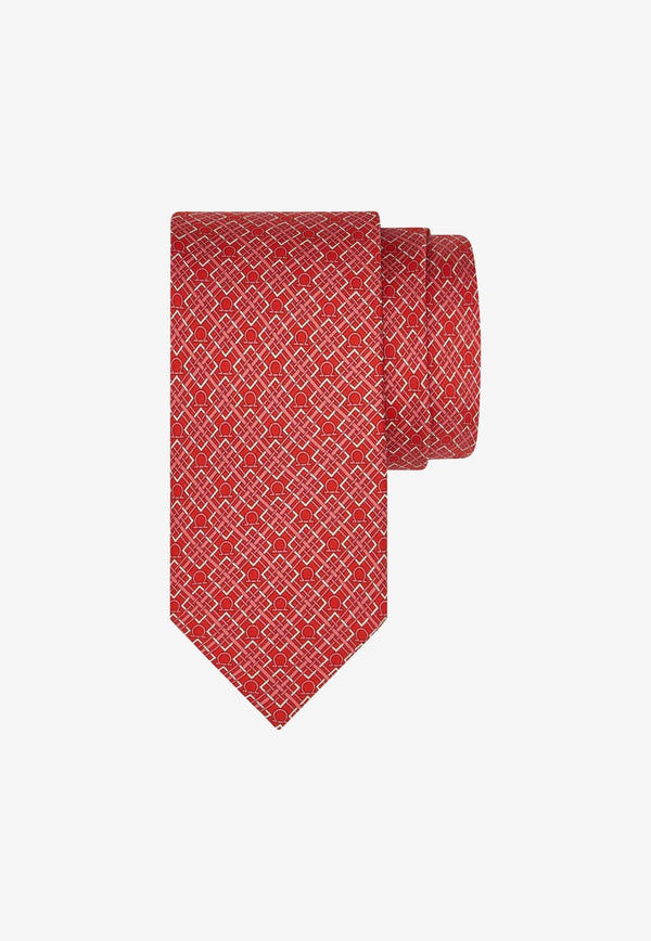 Gancini Check Print Silk Tie