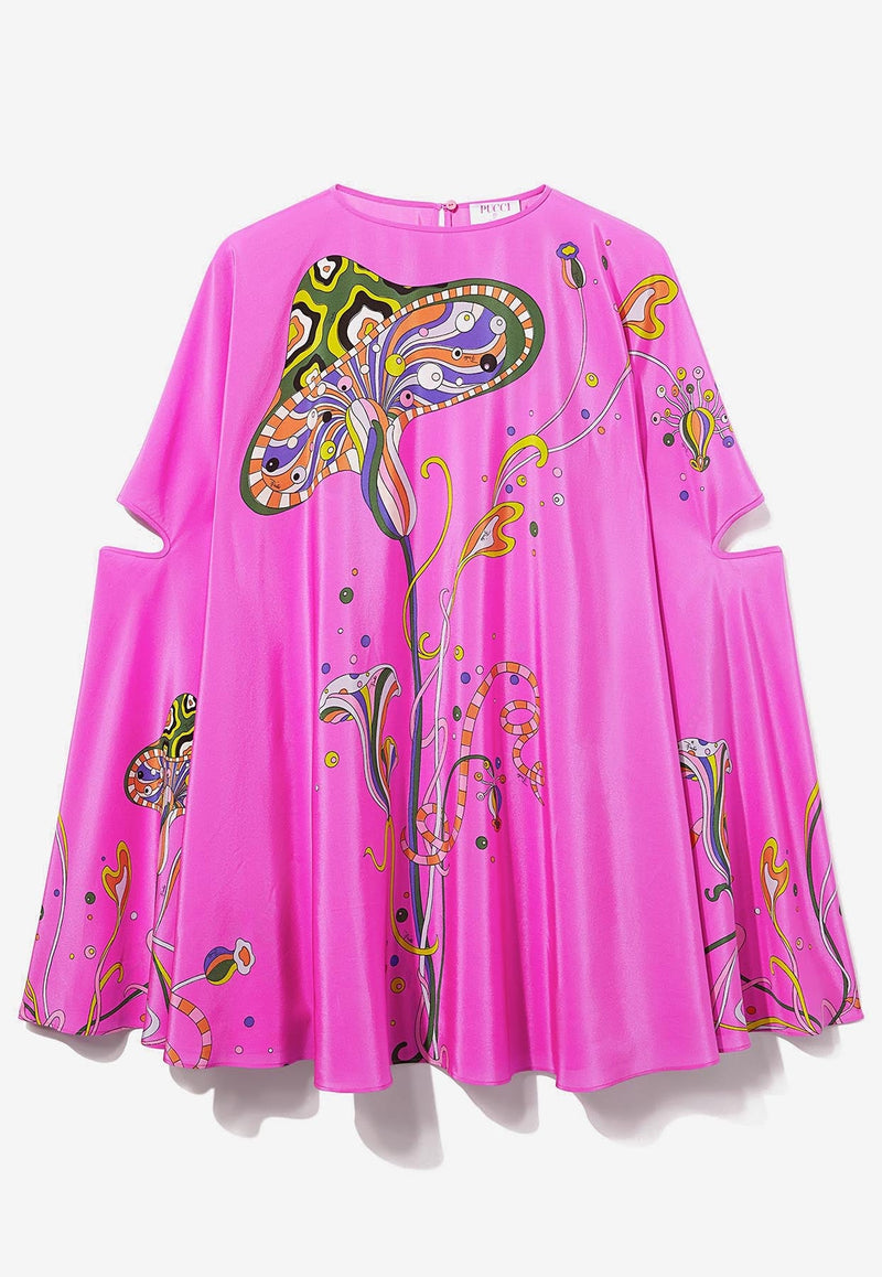 Mushroom-Print Silk Capelet Dress