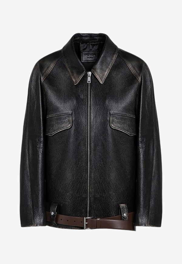 Belted Leather Zip-Up Jacket