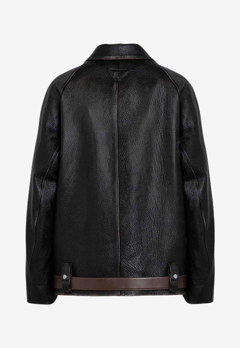 Belted Leather Zip-Up Jacket