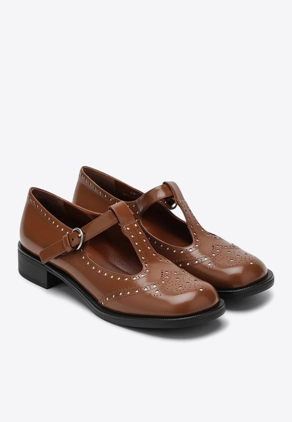 T-strap Leather Brogue Shoes