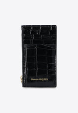 Skull Croc-Embossed Leather Zip Cardholder