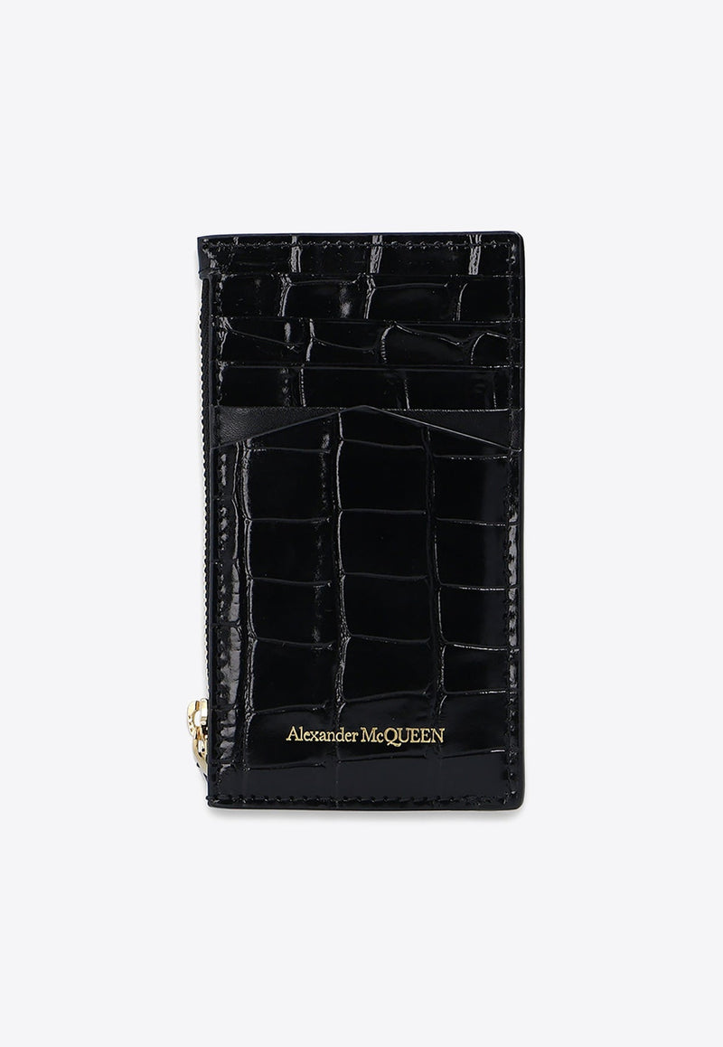 Skull Croc-Embossed Leather Zip Cardholder