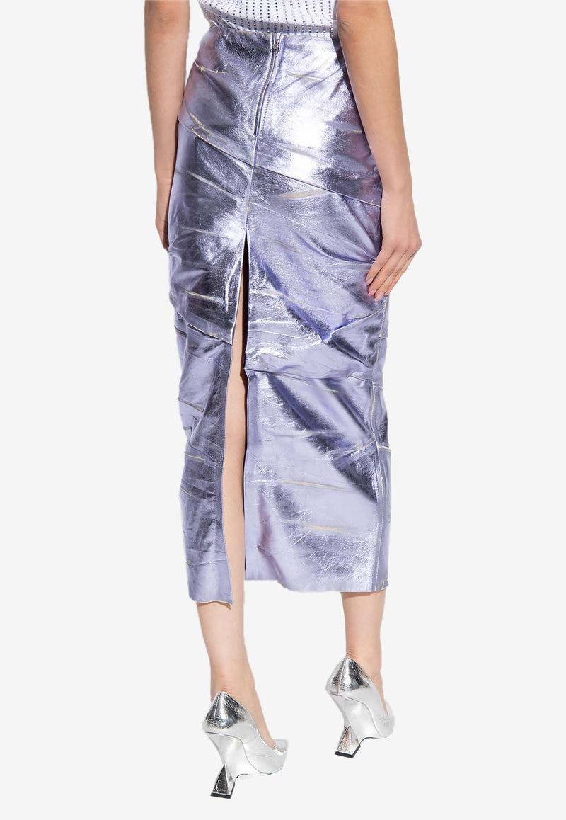Distressed Metallic-Leather Midi Skirt