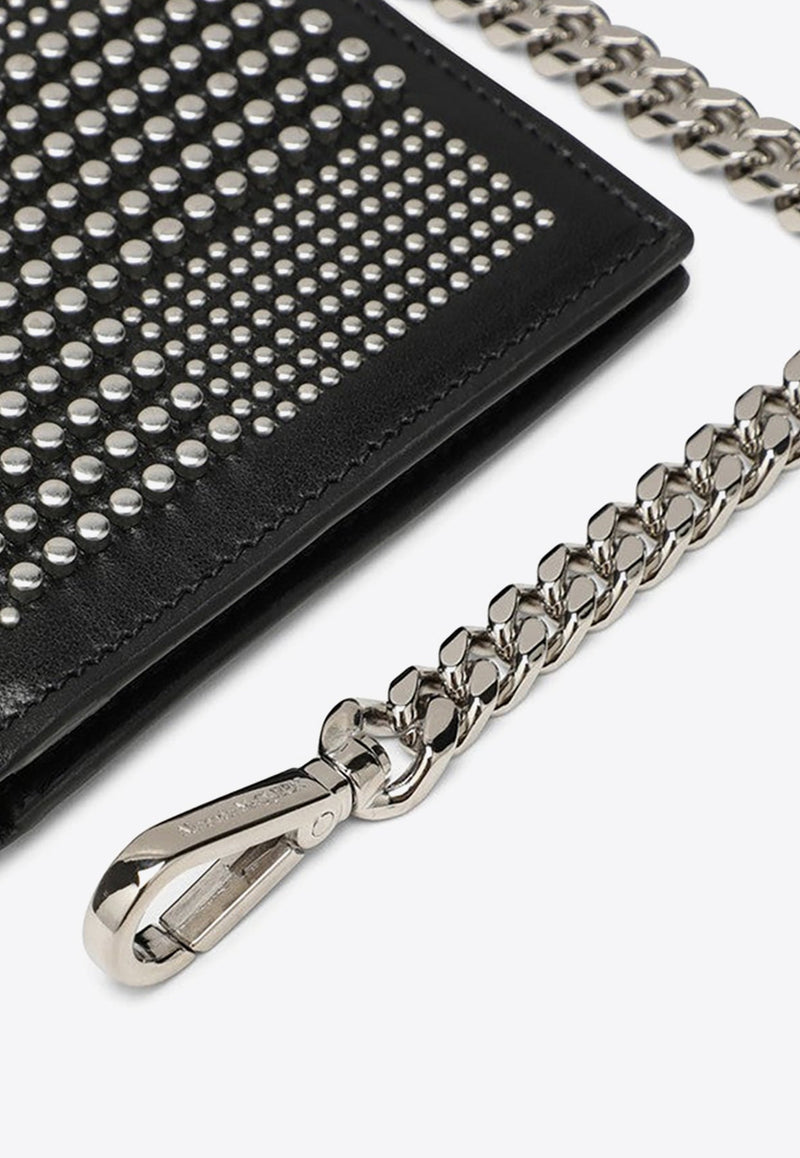 Studded Bi-Fold Leather Wallet with Chain