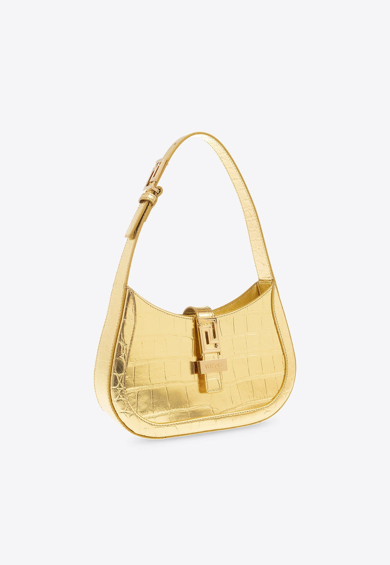 Small Greca Goddess Top Handle Bag in Croc-Embossed Leather