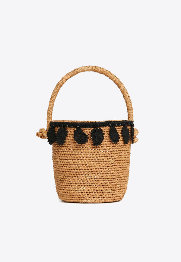 Paisley Appliqué Raffia Bucket Bag