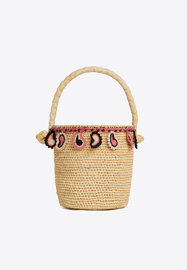 Paisley Appliqué Raffia Bucket Bag