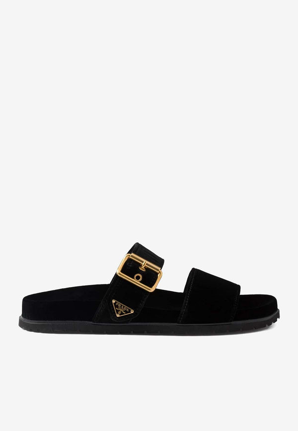 Triangle Logo Velvet Flat Sandals