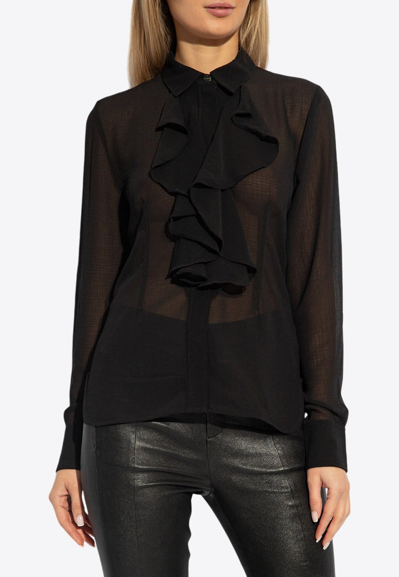 Long-Sleeved Ruffled Sheer Blouse