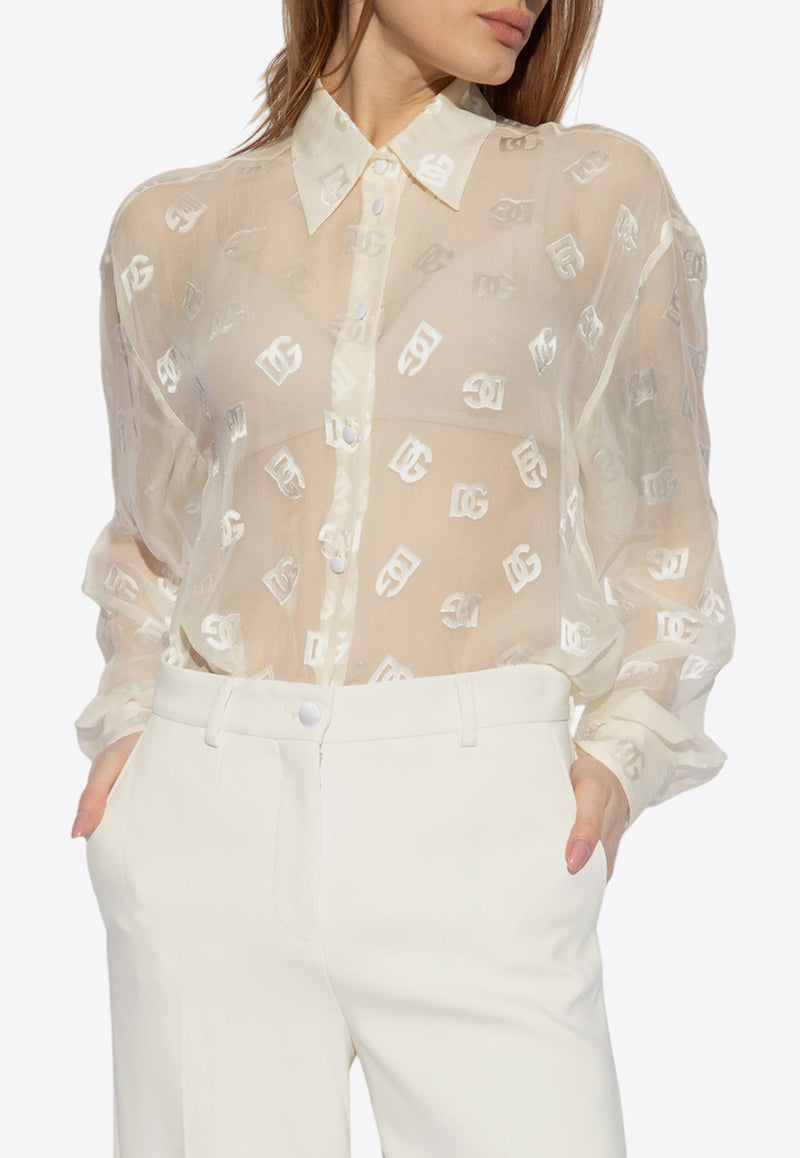 DG Logo Jacquard Silk Satin Sheer Shirt