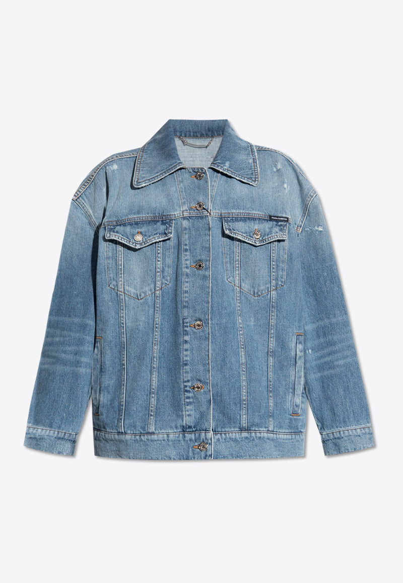 Logo Plaque Distressed Denim Jacket