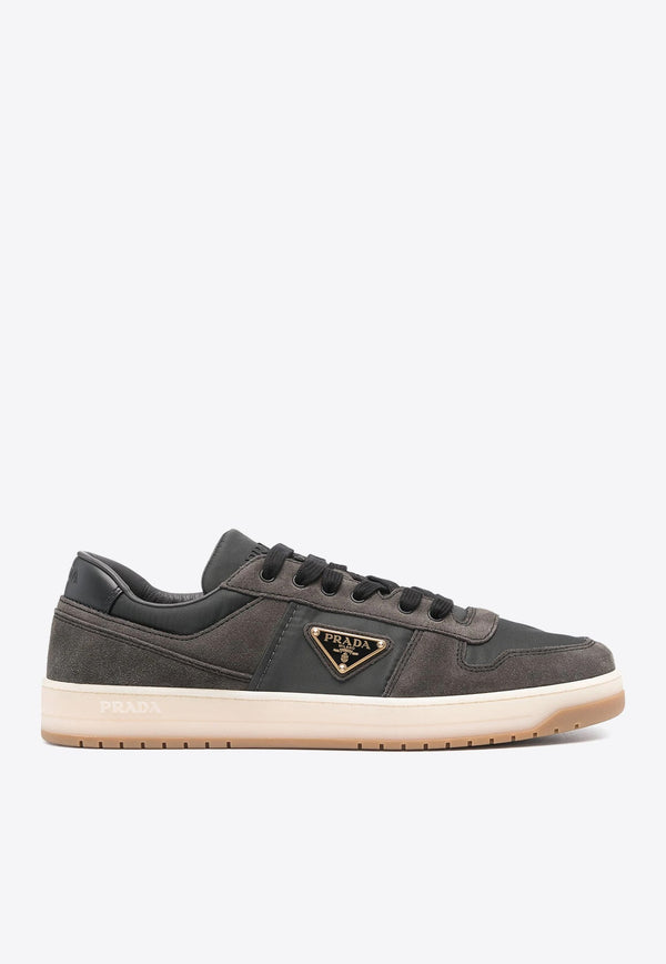 Enamel-Triangle Suede Sneakers