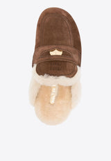 Logo Embossed Suede Shearling Flat Mules