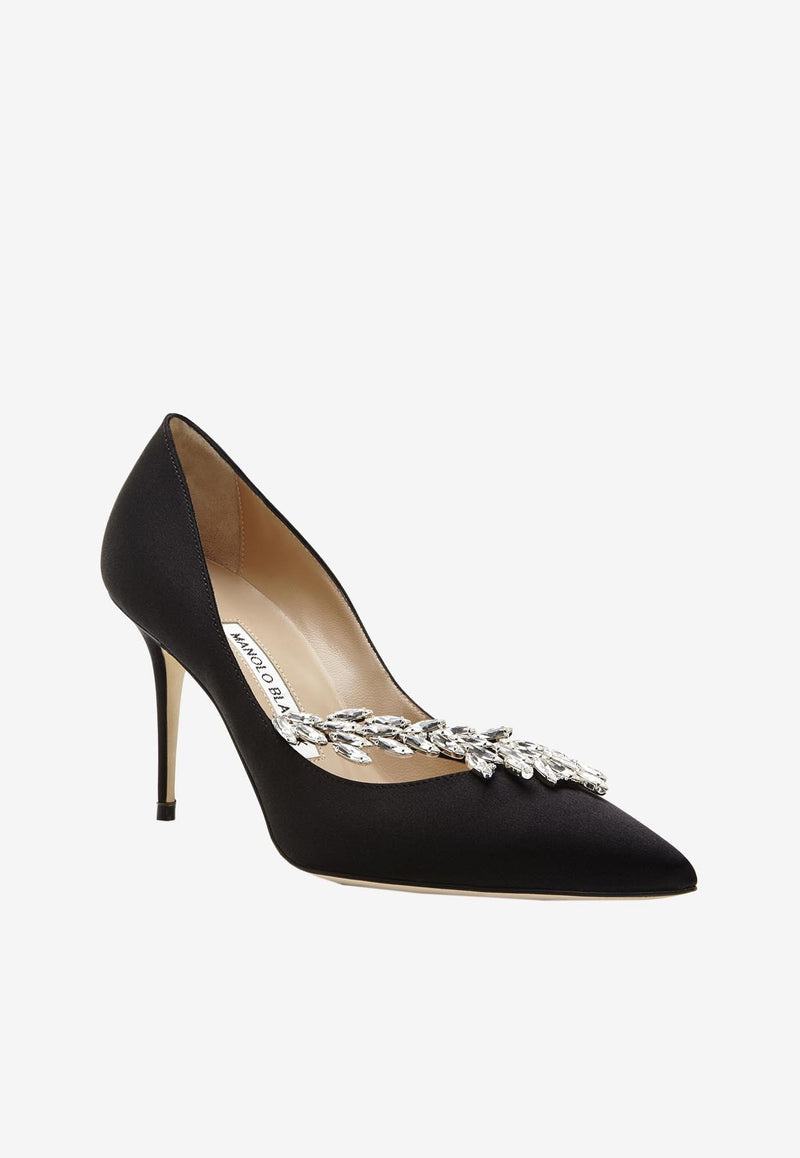 Nadira 90 Satin Pumps with Crystal Leaf Embellishment