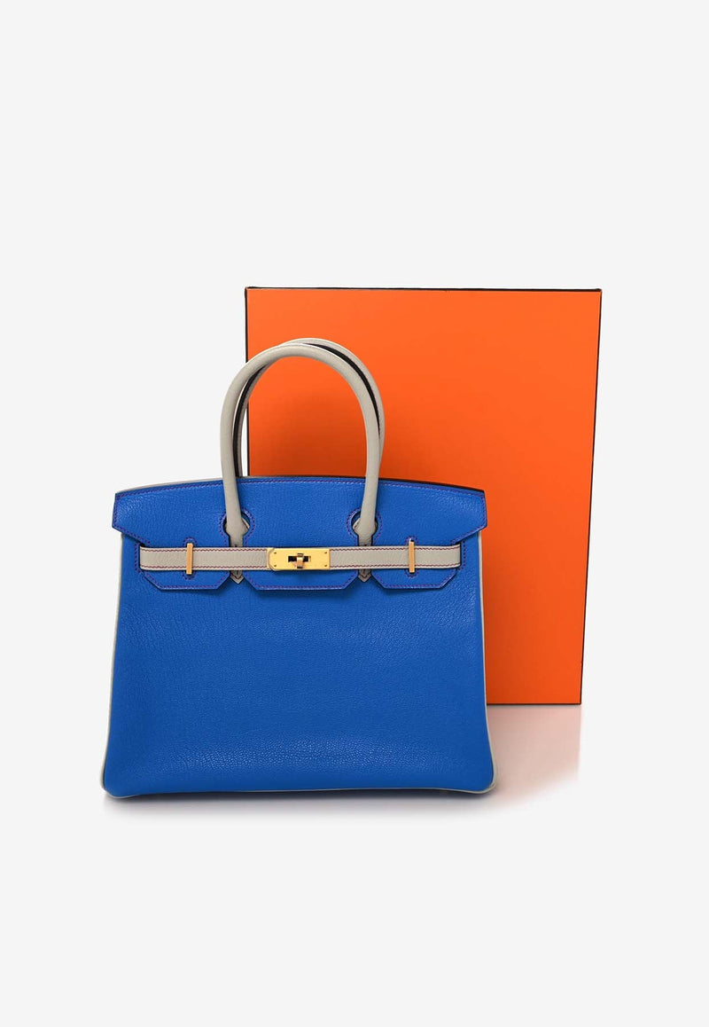 Birkin 30 in Bleu Hydra and Gris Perle Chevre Mysore Horseshoe with Brushed Gold Hardware