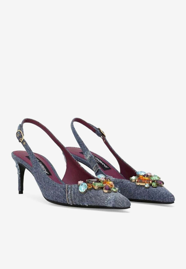 60 Crystal-Embellished Patchwork Denim Pumps