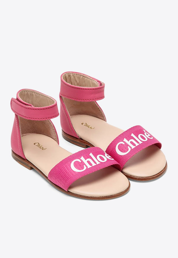 Girls Logo Print Leather Sandals