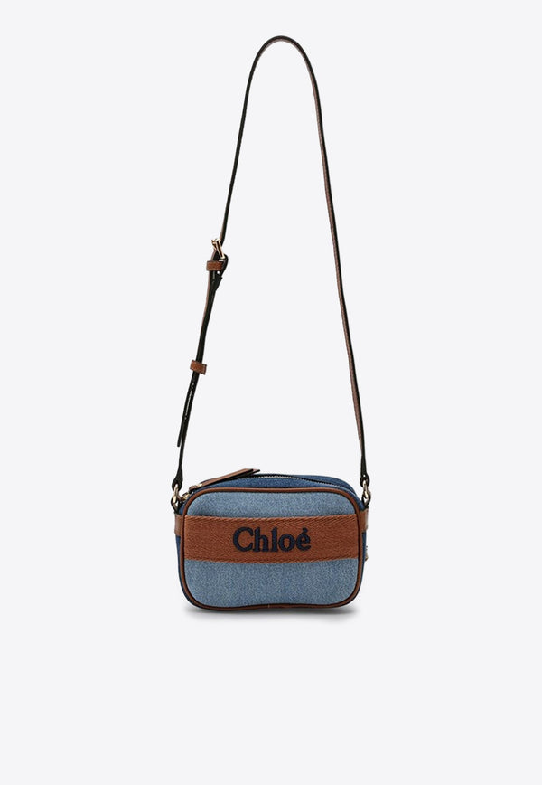 Logo Embroidered Denim Shoulder Bag