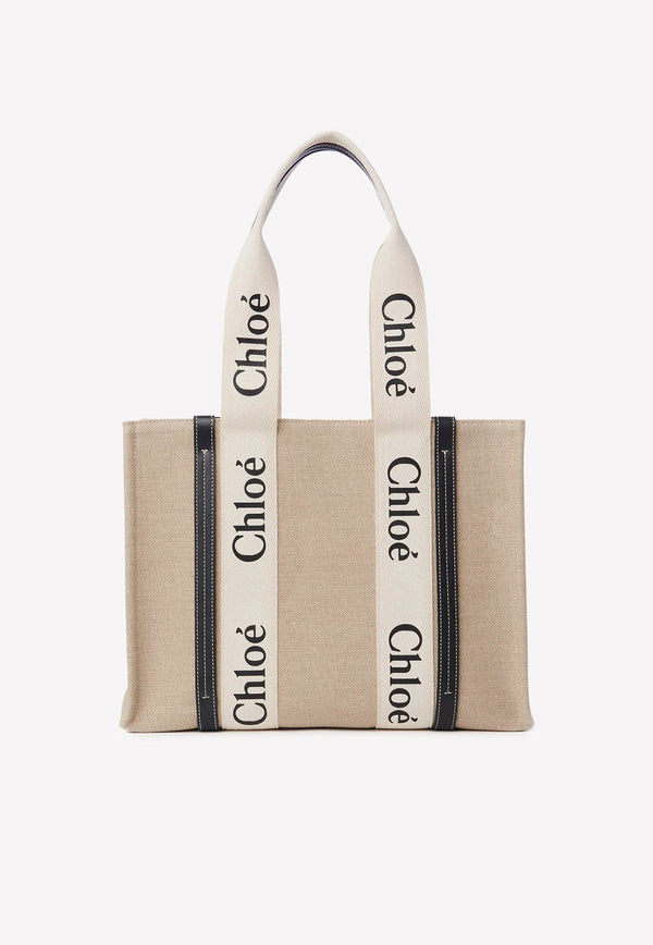 Medium Woody Tote Bag in Linen And Leather