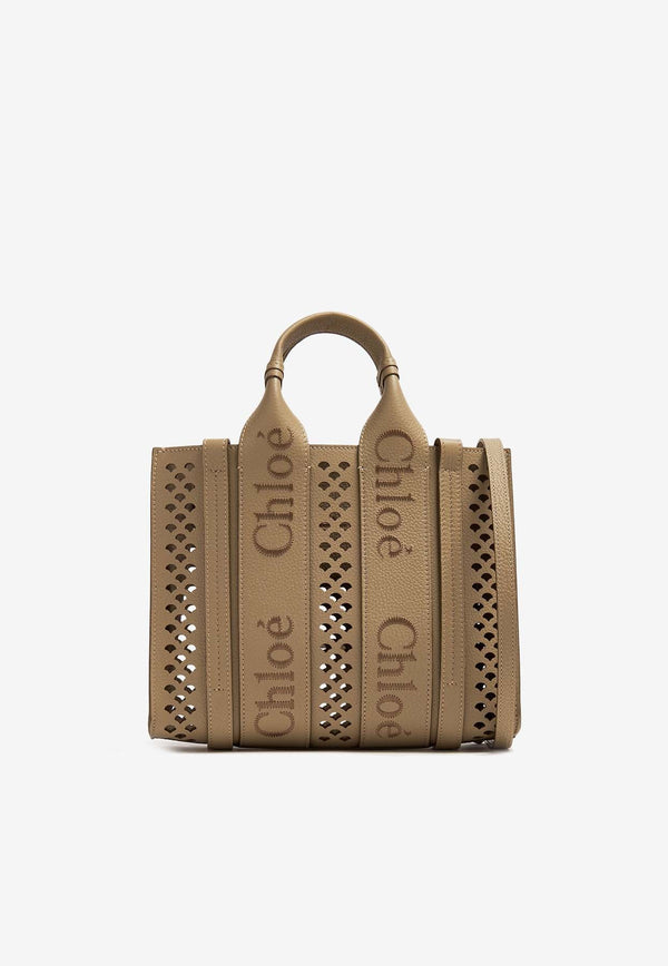 Small Woody Openwork Tote Bag in Leather