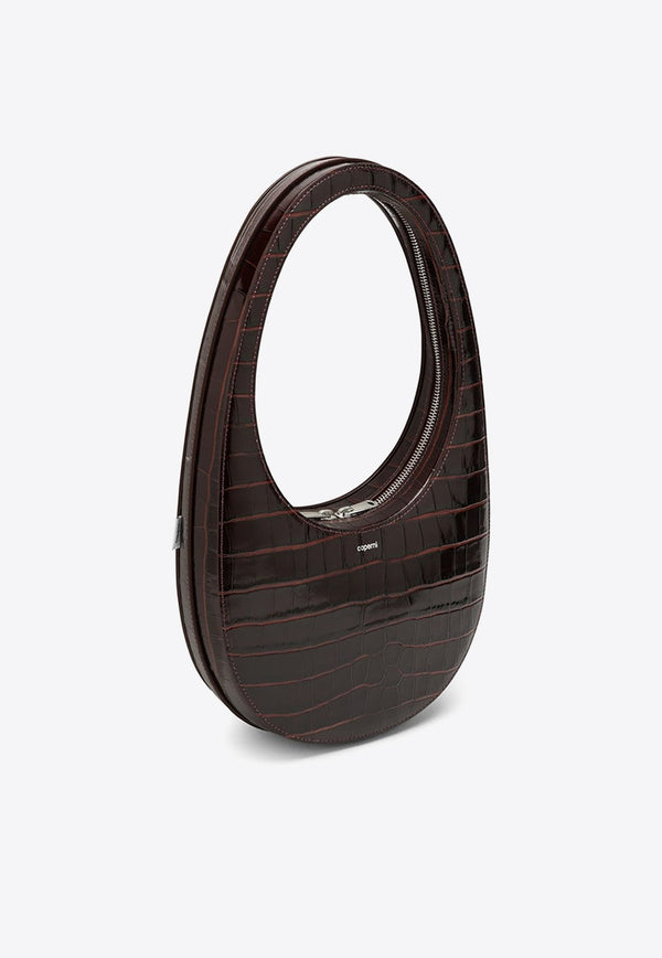 Swipe Oval-Shaped Hobo Bag in Croc-Embossed Leather