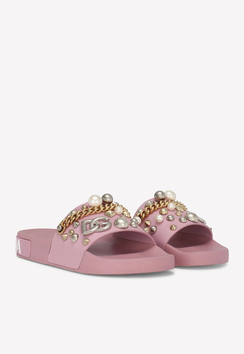 Bejeweled Appliqués Beachwear Slides in Rubber