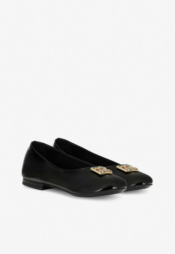 Girls Crystal DG Logo Ballet Flats in Patent Leather