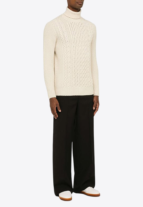 Cable-Knit Turtleneck Wool Sweater
