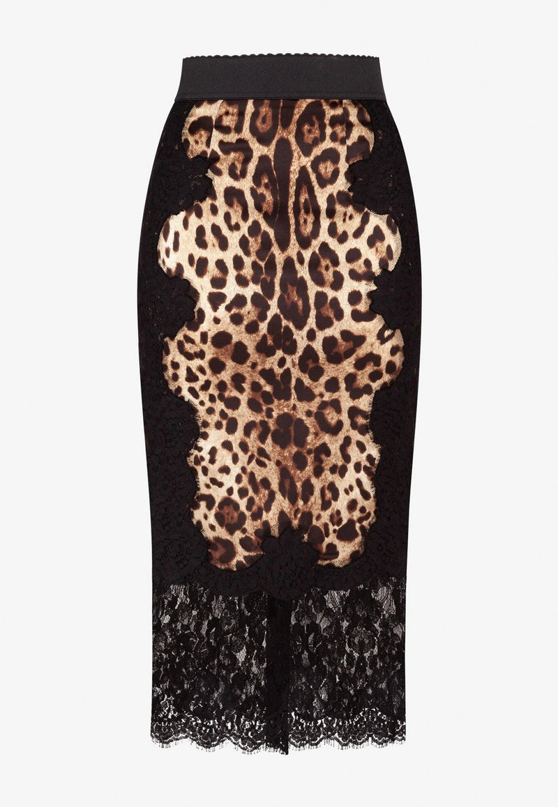 Leopard Print Laced Satin Midi Skirt