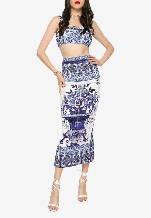 Majolica Print Silk Midi Skirt