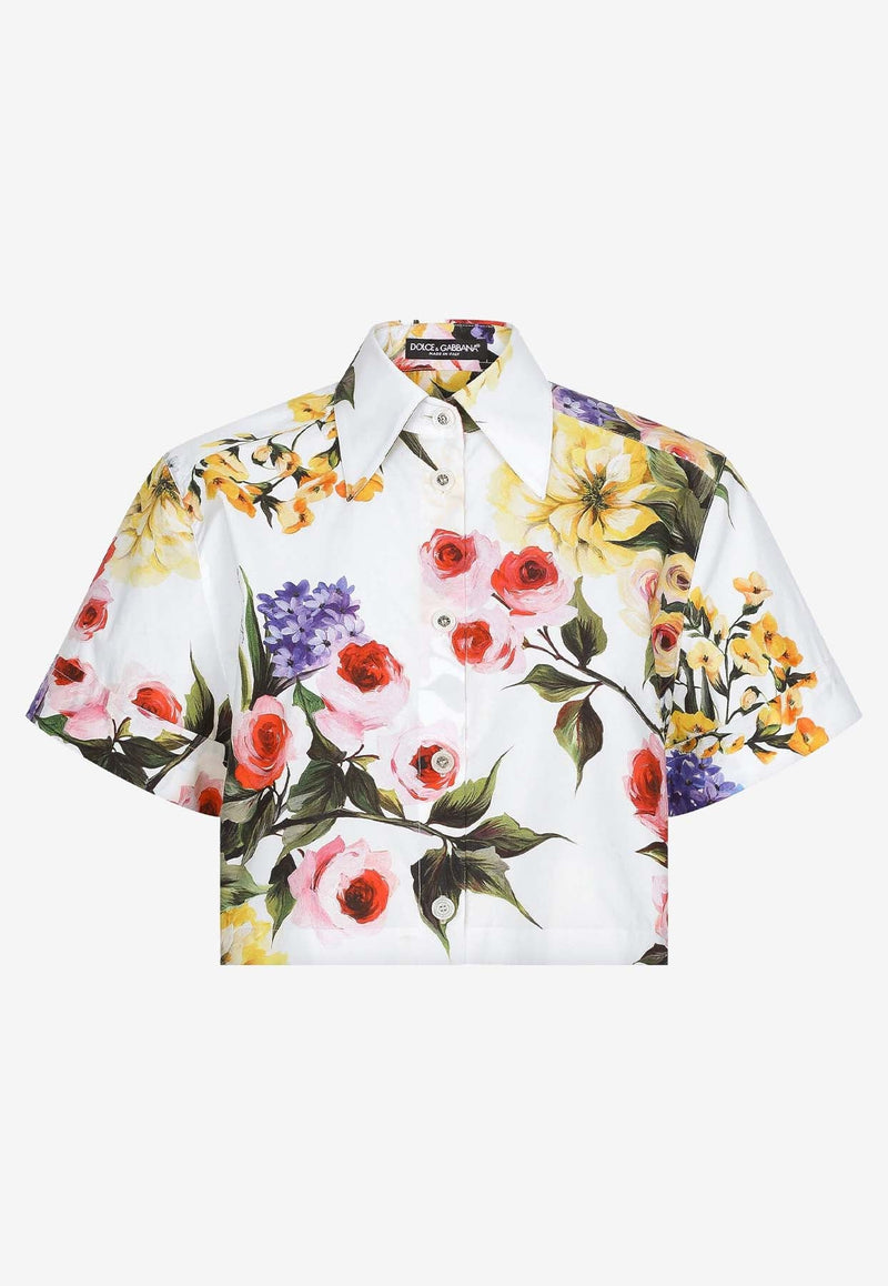 Short-Sleeved Garden-Print Cropped Shirt