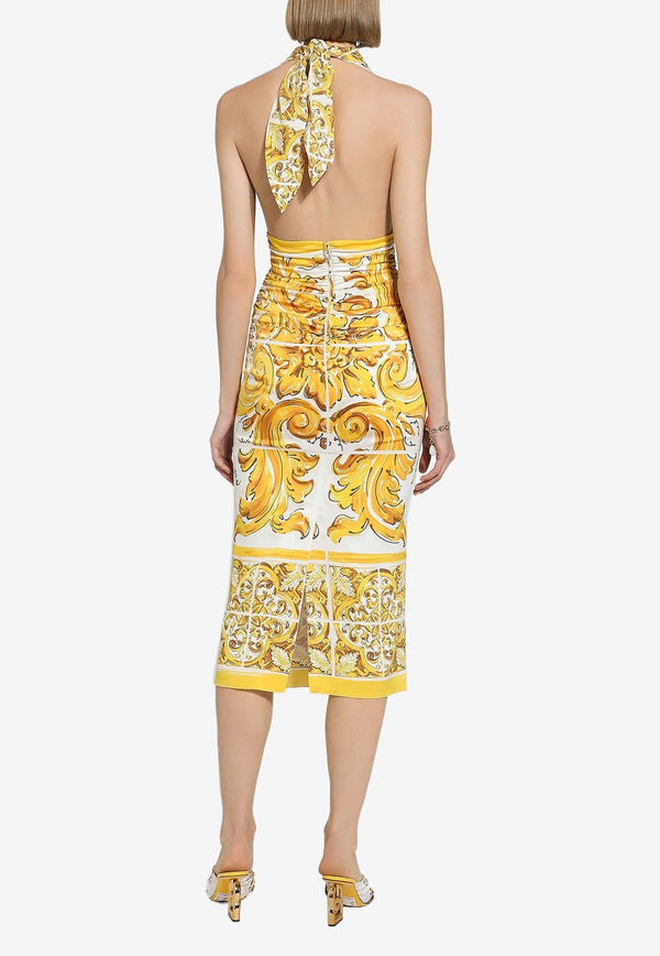 Majolica Print Silk Midi Corset Dress