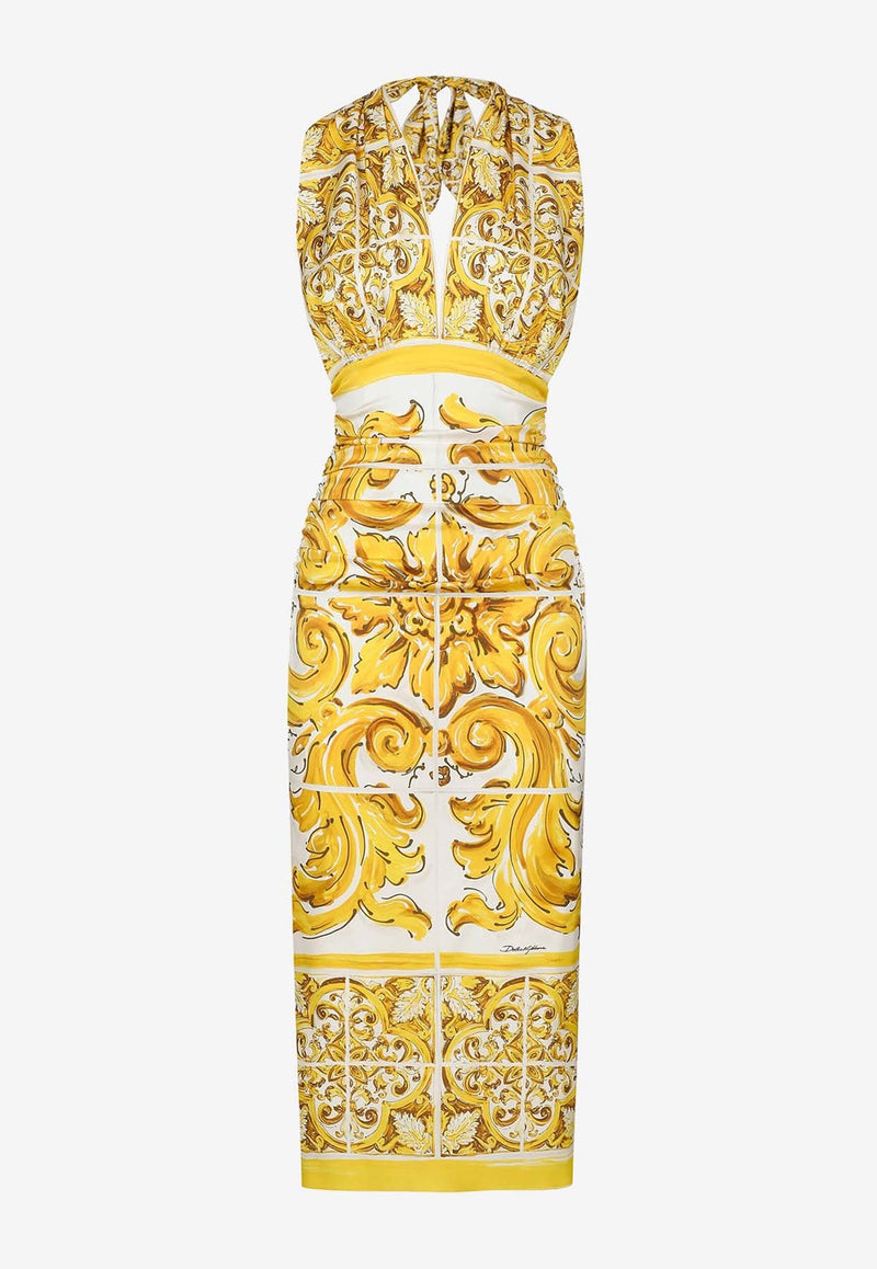 Majolica Print Silk Midi Corset Dress