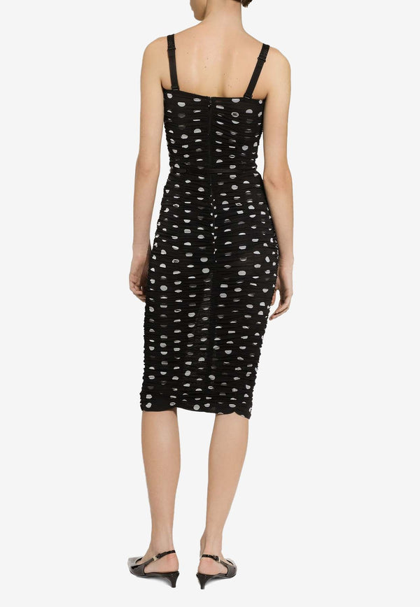 Polka Dot Print Draped Tulle Midi Dress